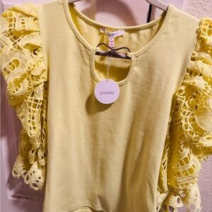 Pastels Yellow Lace-Sleeve Tank Top